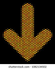 Halftone hexagon Arrow Down icon. Bright gold pictogram with honeycomb geometric pattern on a black background. Vector pattern of arrow down icon organized of hexagon elements.