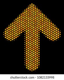 Halftone hexagon Arrow Up icon. Bright yellow pictogram with honeycomb geometric pattern on a black background. Vector concept of arrow up icon organized of hexagon elements.