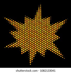 Halftone hexagon Bang icon. Bright yellow pictogram with honey comb geometric structure on a black background. Vector collage of bang icon organized of hexagon elements.