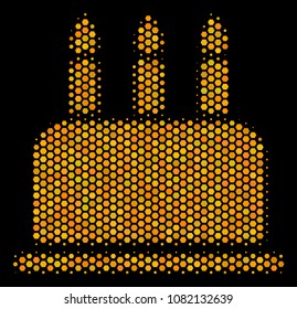 Halftone hexagon Birthday Cake icon. Bright gold pictogram with honey comb geometric structure on a black background. Vector mosaic of birthday cake icon done of hexagonal elements.