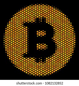 Halftone hexagon Bitcoin Coin icon. Bright yellow pictogram with honey comb geometric structure on a black background. Vector concept of bitcoin coin icon designed of honeycomb cells.