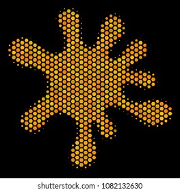 Halftone hexagon Blot icon. Bright golden pictogram with honey comb geometric pattern on a black background. Vector mosaic of blot icon made of honeycomb elements.