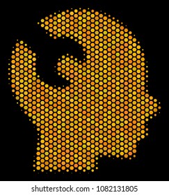 Halftone hexagon Brain Wrench Tool icon. Bright gold pictogram with honeycomb geometric pattern on a black background. Vector collage of brain wrench tool icon created of hexagon items.