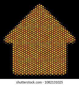 Halftone hexagon Cabin icon. Bright gold pictogram with honeycomb geometric structure on a black background. Vector mosaic of cabin icon composed of hexagonal blots.