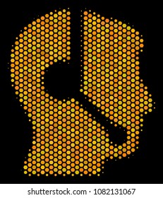 Halftone hexagon Call Center Operator icon. Bright gold pictogram with honeycomb geometric pattern on a black background. Vector collage of call center operator icon done of hexagon elements.
