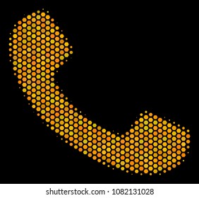 Halftone hexagon Call icon. Bright gold pictogram with honeycomb geometric pattern on a black background. Vector concept of call icon created of hexagon dots.