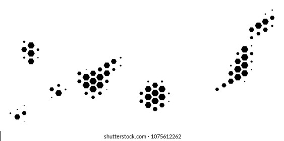 Halftone hexagon Canarian Spain Islands Map. Vector geographical map on a white background. Vector collage of Canarian Spain Islands Map organized of hexagon spots.
