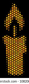 Halftone hexagon Candle icon. Bright yellow pictogram with honeycomb geometric structure on a black background. Vector concept of candle icon composed of hexagon elements.