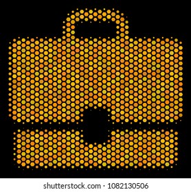 Halftone hexagon Case icon. Bright golden pictogram with honey comb geometric pattern on a black background. Vector collage of case icon combined of hexagonal elements.
