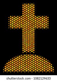 Halftone hexagon Cemetery icon. Bright golden pictogram with honeycomb geometric structure on a black background. Vector concept of cemetery icon done of hexagonal pixels.