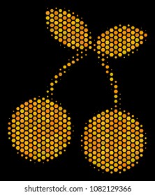 Halftone hexagon Cherry icon. Bright golden pictogram with honey comb geometric structure on a black background. Vector composition of cherry icon composed of honeycomb cells.