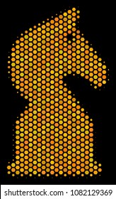 Halftone hexagon Chess Horse icon. Bright gold pictogram with honey comb geometric structure on a black background. Vector collage of chess horse icon done of honeycomb dots.