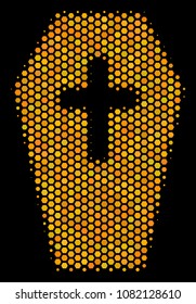 Halftone hexagon Coffin icon. Bright golden pictogram with honeycomb geometric structure on a black background. Vector pattern of coffin icon combined of hexagon items.