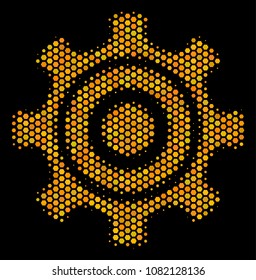 Halftone hexagon Cogwheel icon. Bright golden pictogram with honey comb geometric structure on a black background. Vector pattern of cogwheel icon composed of hexagonal pixels.