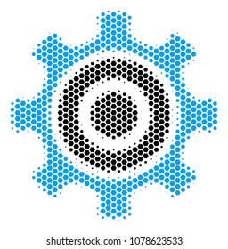 Halftone hexagon Cogwheel icon. Pictogram on a white background. Vector mosaic of cogwheel icon composed of hexagonal spots.