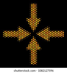 Halftone hexagon Collide Arrows icon. Bright golden pictogram with honey comb geometric structure on a black background. Vector collage of collide arrows icon designed of honeycomb blots.