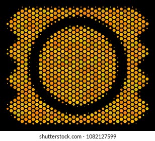 Halftone hexagon Condom Package icon. Bright golden pictogram with honey comb geometric pattern on a black background. Vector mosaic of condom package icon composed of honeycomb blots.