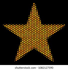 Halftone hexagon Confetti Star icon. Bright yellow pictogram with honey comb geometric pattern on a black background. Vector collage of confetti star icon made of honeycomb blots.