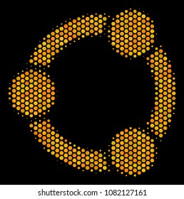 Halftone hexagon Cooperation icon. Bright golden pictogram with honey comb geometric structure on a black background. Vector mosaic of cooperation icon done of honeycomb spots.