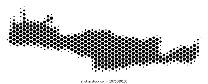 Halftone hexagon Crete Island Map. Vector geographic map on a white background. Vector composition of Crete Island Map composed of hexagonal spots.