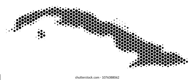 Halftone hexagon Cuba Map. Vector geographic map on a white background. Vector mosaic of Cuba Map combined of hexagonal blots.