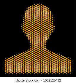 Halftone hexagon Customer icon. Bright golden pictogram with honey comb geometric pattern on a black background. Vector composition of customer icon constructed of honeycomb spots.