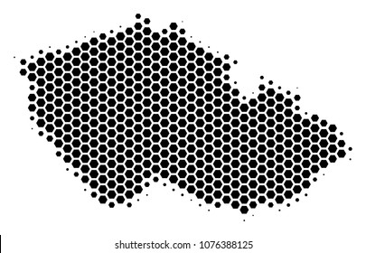 Halftone hexagon Czech Map. Vector geographic map on a white background. Vector pattern of Czech Map made of hexagon blots.
