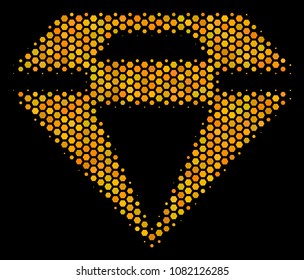 Halftone hexagon Diamond icon. Bright golden pictogram with honey comb geometric structure on a black background. Vector pattern of diamond icon combined of honeycomb items.