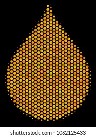 Halftone hexagon Drop icon. Bright golden pictogram with honey comb geometric pattern on a black background. Vector pattern of drop icon designed of honeycomb dots.