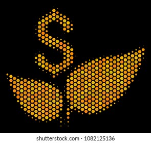 Halftone hexagon Eco Startup icon. Bright gold pictogram with honeycomb geometric structure on a black background. Vector concept of eco startup icon combined of hexagonal dots.