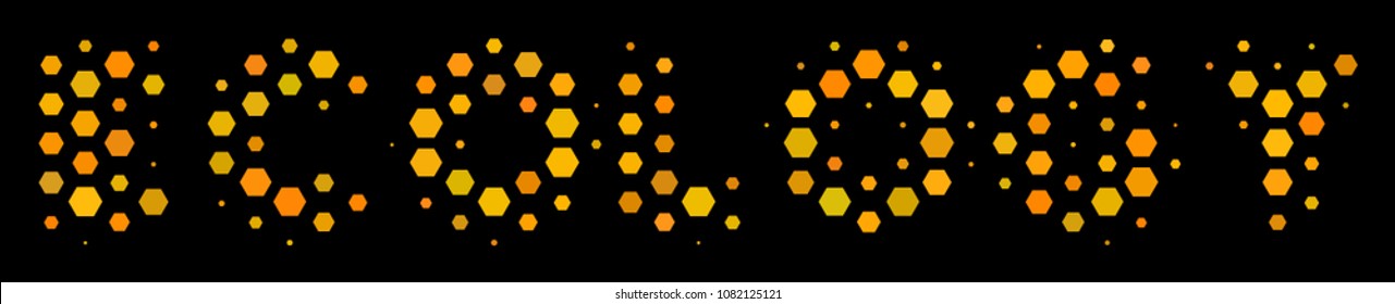 Halftone hexagon Ecology Text icon. Bright yellow pictogram with honeycomb geometric pattern on a black background. Vector composition of ecology text icon constructed of hexagon cells.