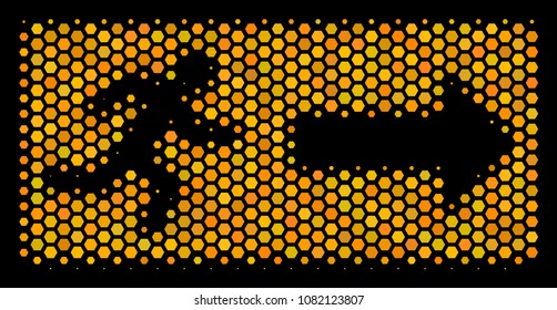 Halftone hexagon Emergency Exit icon. Bright golden pictogram with honey comb geometric structure on a black background. Vector collage of emergency exit icon constructed of honeycomb cells.