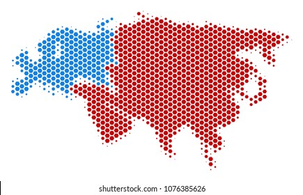 Halftone hexagon Europe And Asia Map. Vector geographical map on a white background. Vector mosaic of Europe And Asia Map designed of hexagon items.