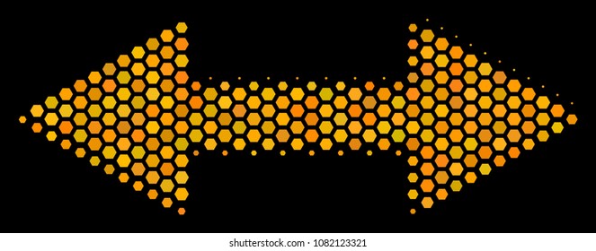 Halftone hexagon Exchange Arrows icon. Bright yellow pictogram with honeycomb geometric structure on a black background. Vector composition of exchange arrows icon designed of hexagonal items.
