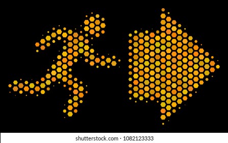 Halftone hexagon Exit Direction icon. Bright yellow pictogram with honeycomb geometric structure on a black background. Vector concept of exit direction icon done of hexagonal elements.