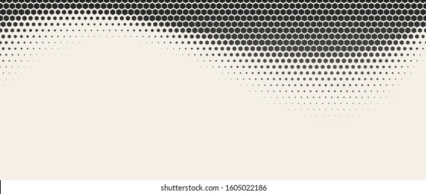 Halftone Hexagon Fade Effect. Halftone Hex Simple Pattern. Pop-Art Halftone Gradient. Vector Illustration. Dynamic Retro Background.