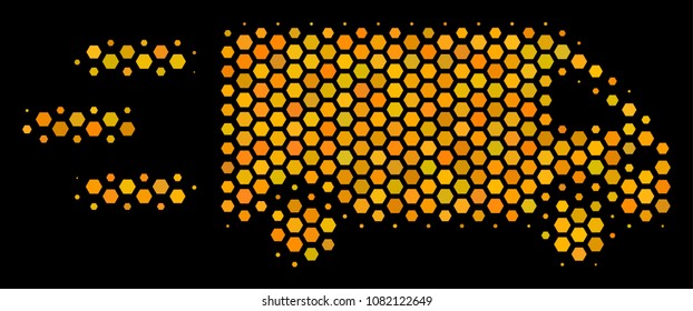 Halftone hexagon Fast Delivery Car icon. Bright golden pictogram with honey comb geometric pattern on a black background. Vector mosaic of fast delivery car icon combined of hexagon spots.