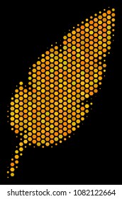 Halftone hexagon Feather icon. Bright golden pictogram with honey comb geometric structure on a black background. Vector composition of feather icon constructed of hexagon elements.