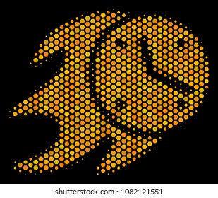 Halftone hexagon Fire Deadline Clock icon. Bright golden pictogram with honeycomb geometric pattern on a black background. Vector collage of fire deadline clock icon composed of honeycomb pixels.
