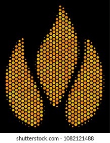 Halftone hexagon Fire icon. Bright golden pictogram with honey comb geometric structure on a black background. Vector pattern of fire icon constructed of hexagon dots.