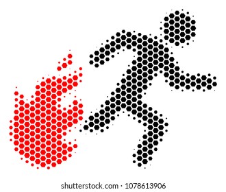 Halftone hexagon Fired Running Man icon. Pictogram on a white background. Vector composition of fired running man icon done of hexagonal blots.