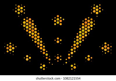 Halftone hexagon Fireworks Explosion icon. Bright golden pictogram with honey comb geometric pattern on a black background. Vector concept of fireworks explosion icon created of hexagonal blots.