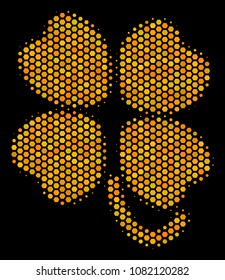 Halftone hexagon Four-Leafed Clover icon. Bright yellow pictogram with honey comb geometric pattern on a black background. Vector collage of four-leafed clover icon composed of hexagon spots.
