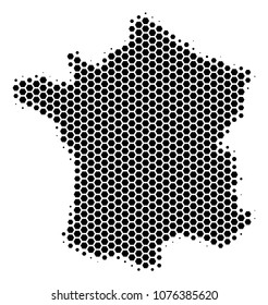 Halftone hexagon France Map. Vector geographic map on a white background. Vector collage of France Map composed of hexagonal blots.