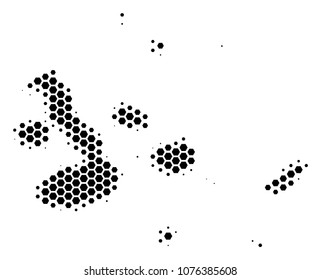 Halftone hexagon Galapagos Islands Map. Vector geographical map on a white background. Vector collage of Galapagos Islands Map created of hexagon dots.