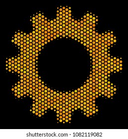 Halftone hexagon Gear icon. Bright yellow pictogram with honey comb geometric structure on a black background. Vector mosaic of gear icon designed of honeycomb cells.