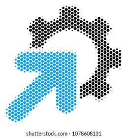 Halftone hexagon Gear Integration icon. Pictogram on a white background. Vector pattern of gear integration icon constructed of hexagon blots.