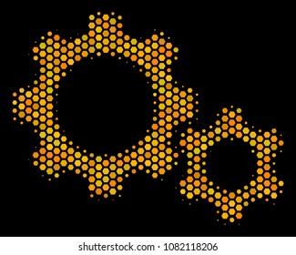 Halftone hexagon Gears icon. Bright yellow pictogram with honeycomb geometric pattern on a black background. Vector composition of gears icon done of hexagon dots.