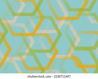 Halftone hexagon geometric seamless vector pattern. Continuous dotwork background graphic design. Gradient grains hexagonal shapes. Modern wallpaper. Abstract textile print.