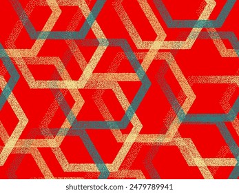 Halftone hexagon geometric seamless vector pattern. Continuous dotwork background graphic design. Gradient grains hexagonal shapes. Modern wallpaper. Abstract textile print.
